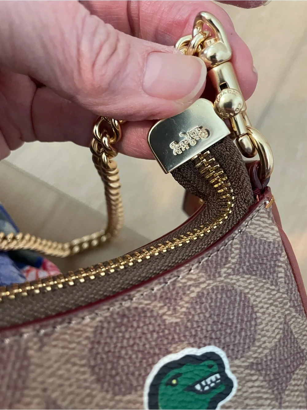 Coach CW321 Teri Mini Rexy Sticker Signature Crossbody Gold Chain Tan Multi
